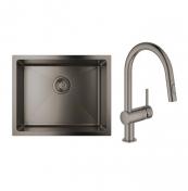 Grohe K700U rustfri st�lvask inkl. Grohe New Minta k�kkenarmatur m/udtr�k - B�rstet hard graphite