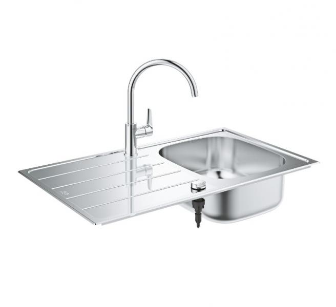 Grohe K200 køkkenvask i rustfrit stål inkl. Bau Edge køkkenarmatur i krom Grohe K200 køkkenvask i rustfrit stål inkl. Bau Edge køkkenarmatur i krom