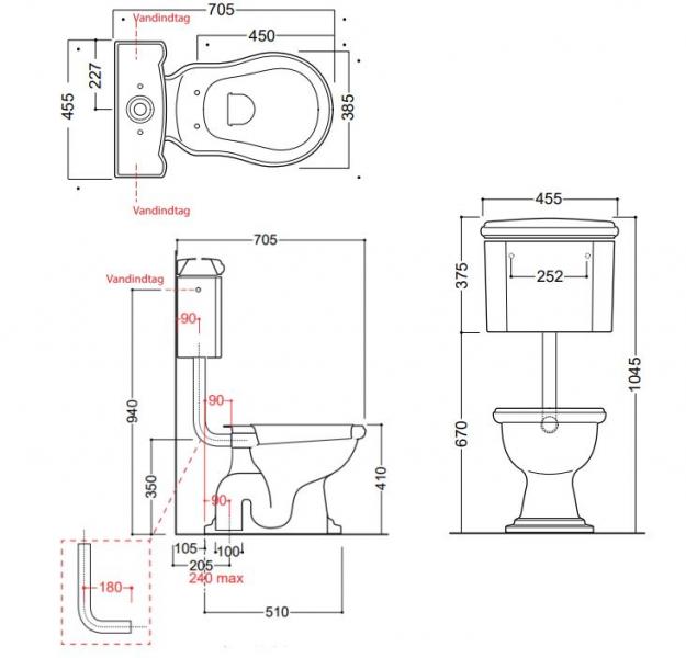 Lavabo Retro Low toilet med messing r&oslash;r og S-l&aring;s - Blank Sort