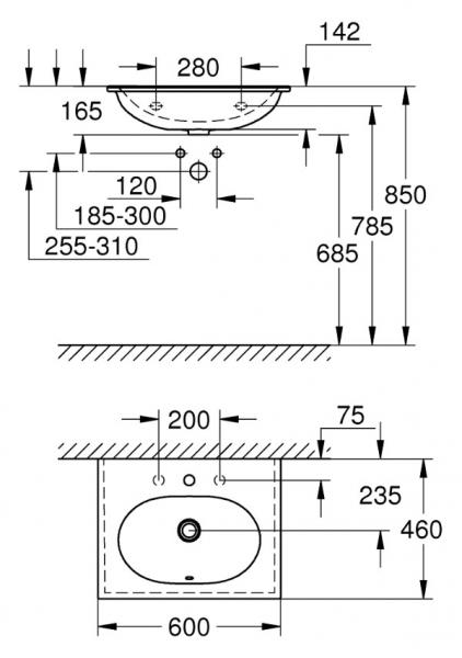 Grohe Essence 60 m&oslash;belvask - 1/3 hanehul