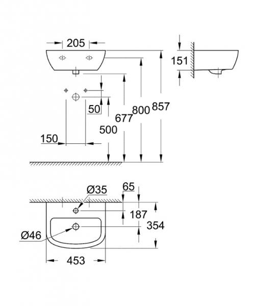 Grohe Bau 45 h&aring;ndvask t/v&aelig;g - 1 hanehul