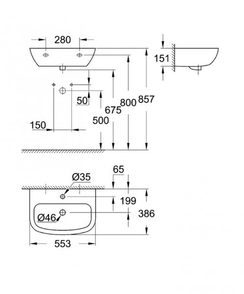 Grohe Bau 55 h&aring;ndvask t/v&aelig;g - 1 hanehul