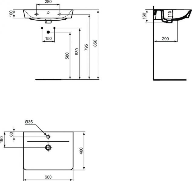 Ideal Standard Connect Air 60 h&aring;ndvask t/v&aelig;g - 1 hanehul - Mat sort