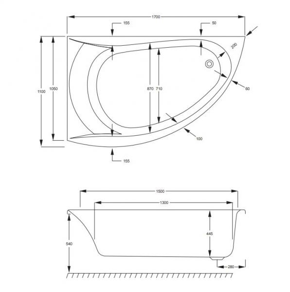 Str&oslash;mberg Omega hj&oslash;rnebadekar - 170 x 110 mm - Venstre - 1 rygl&aelig;n