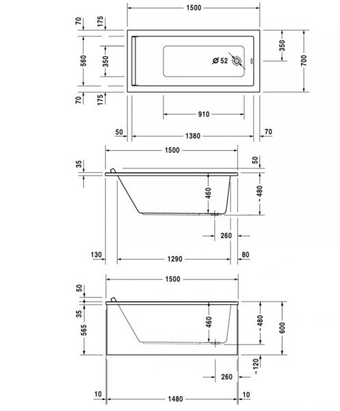 Duravit Starck badekar t/indbygning - 150 x 70 - 1 rygl&aelig;n