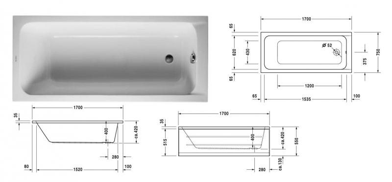 Duravit D-Code badekar t/indbygning - 170 x 75 - 1 ryglæn Duravit D-Code badekar t/indbygning - 170 x 75 - 1 ryglæn