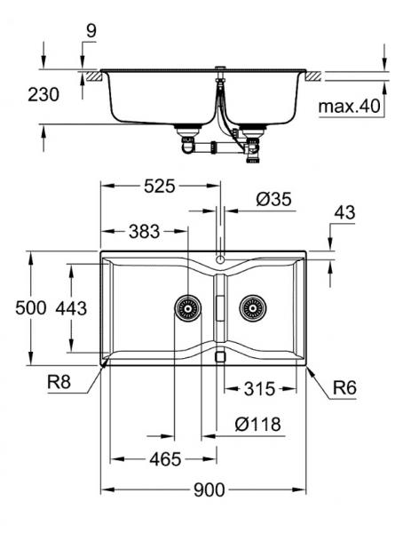 Grohe K700 dobbelt k&oslash;kkenvask - Sort granit