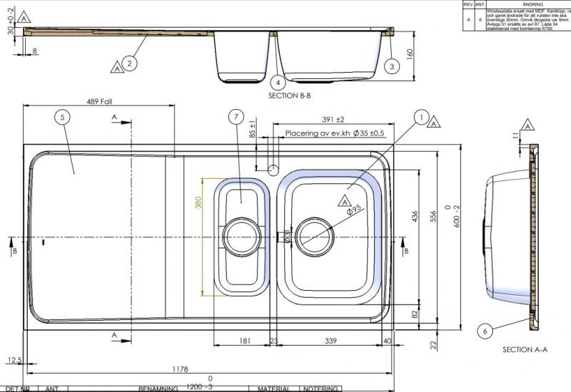 Intra AG12-KV st&aring;lbordplade k&oslash;kkenvask - Vendbar - Dobbelt - 120 cm