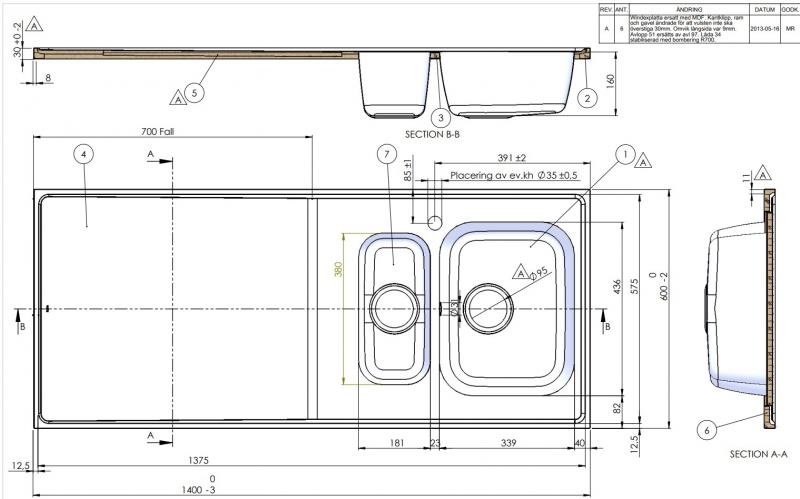 Intra AG14-KV st&aring;lbordplade k&oslash;kkenvask - Vendbar - Dobbelt - 140 cm