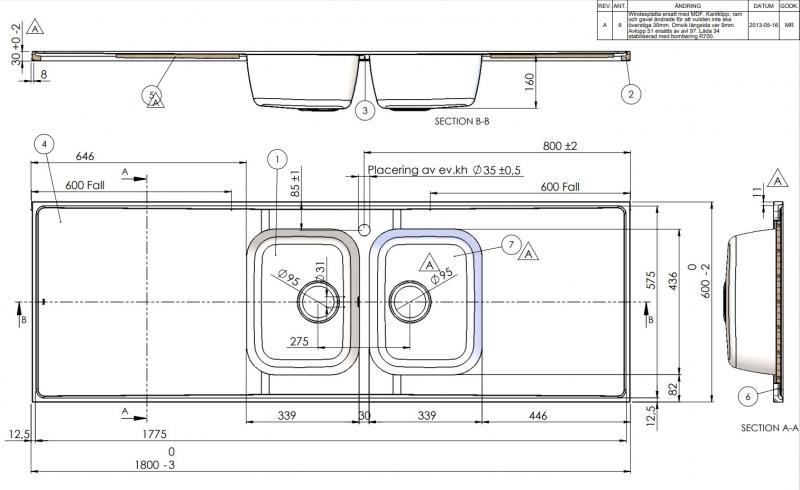 Intra AH18-KV st&aring;lbordplade k&oslash;kkenvask - Vendbar - Dobbelt - 180 cm