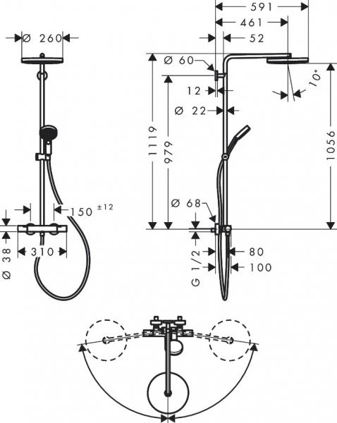 hansgrohe Pulsify S Puro 260 Showerpipe 1jet m/EcoSmart, EcoStat Fine og 3jet h&aring;ndbruser - Mat hvid