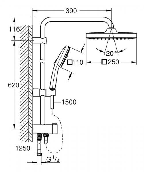 Grohe Vitalio Comfort 250 Flex bruses&aelig;t m/omskifter
