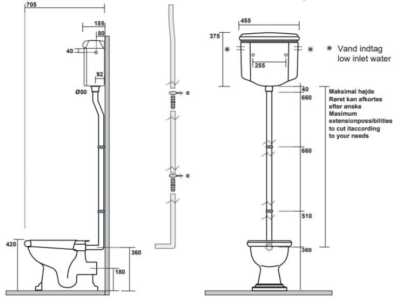 Retro HIGH toilet med messing r&oslash;r og P-l&aring;s - Blank hvid