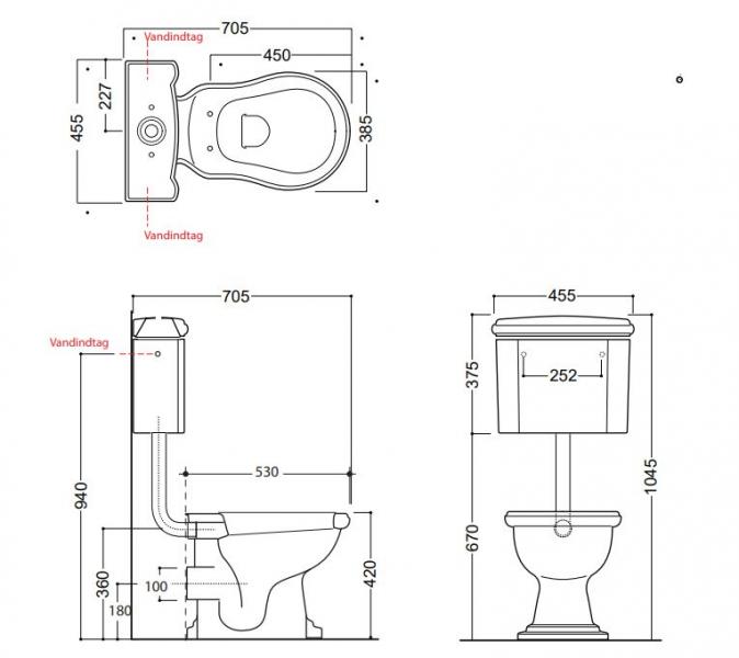 Lavabo Retro Low toilet med messing r&oslash;r og P-l&aring;s - Blank hvid