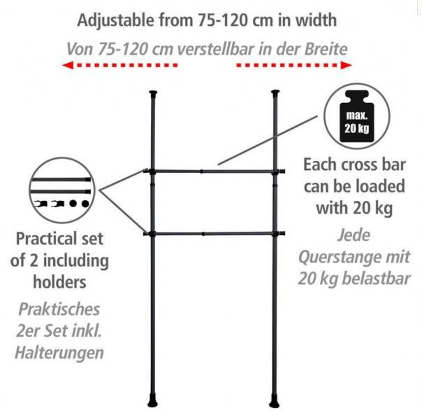 Outlet - Wenko Hercules b&oslash;jlestang til garderobe - Sort - 2 stk