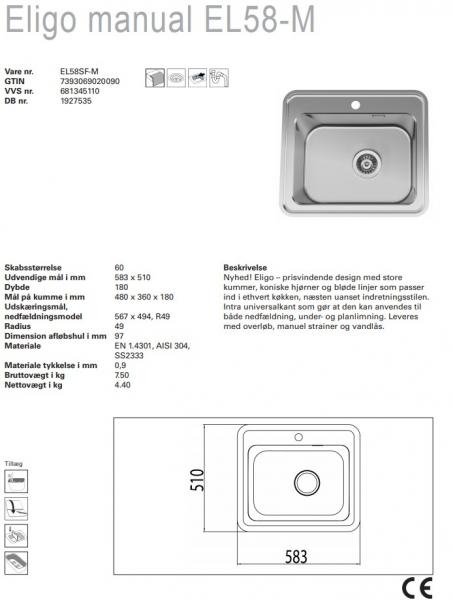 Outlet - Intra Eligo manual EL58-M k&oslash;kkenvask - Rustfrit st&aring;l - 1 stk. tilbage